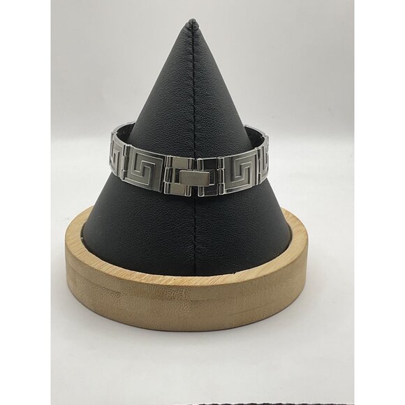 Greek Key Stainless Steel Bracelet Modern Design Silver Tone - Picture 2 of 3